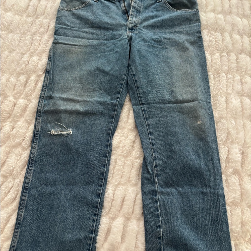 Blue Straight-Leg Jeans with Distressed Details